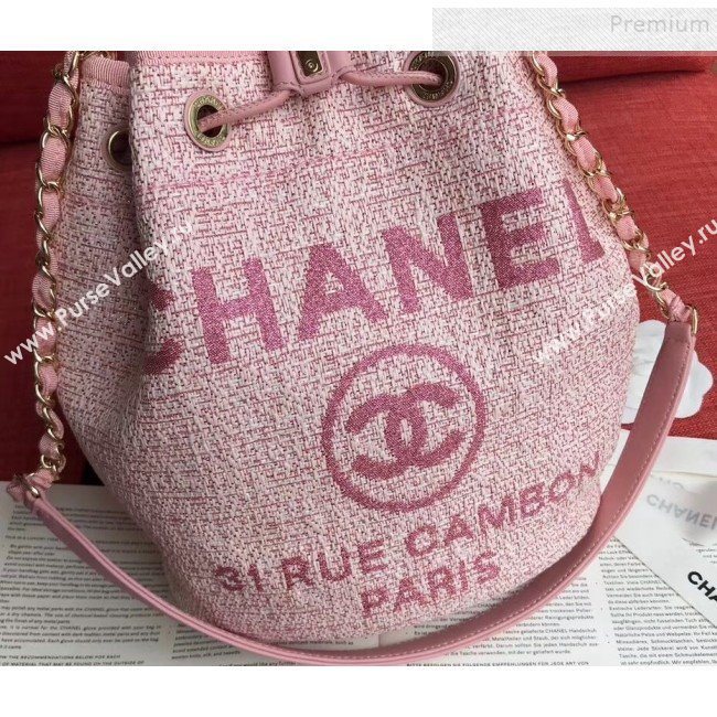 Chanel Fabric Logo Print Small Drawstring Bucket Bag Pink 2019 (XING-9092109)