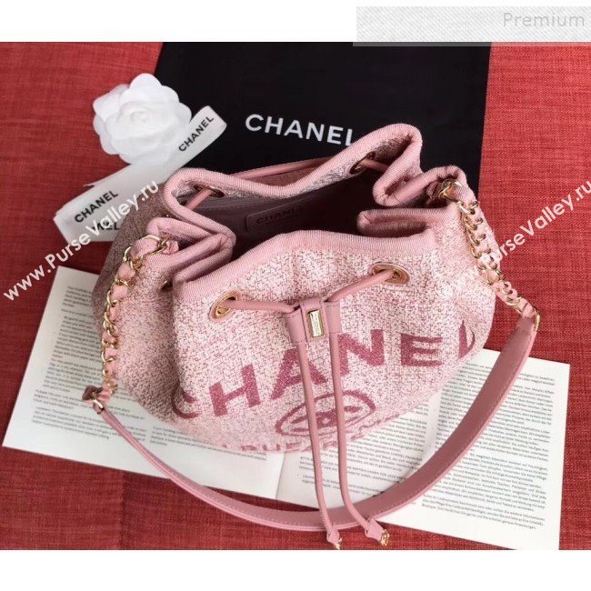 Chanel Fabric Logo Print Small Drawstring Bucket Bag Pink 2019 (XING-9092109)