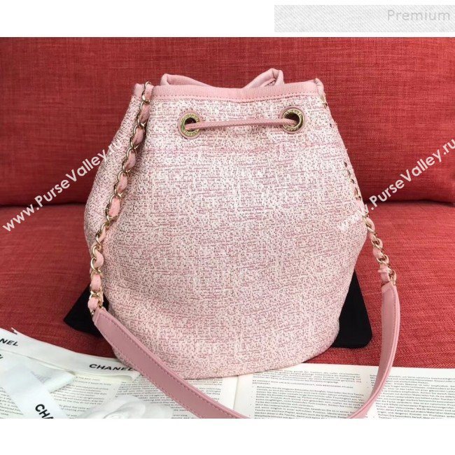 Chanel Fabric Logo Print Small Drawstring Bucket Bag Pink 2019 (XING-9092109)