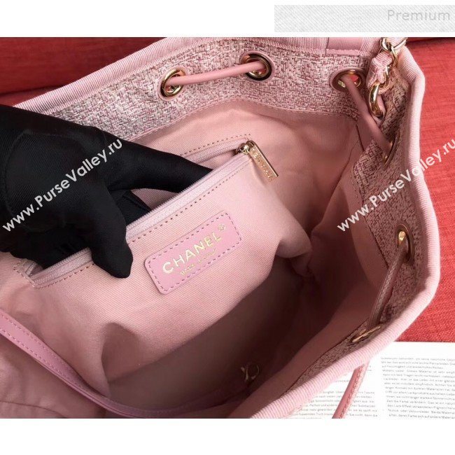 Chanel Fabric Logo Print Small Drawstring Bucket Bag Pink 2019 (XING-9092109)