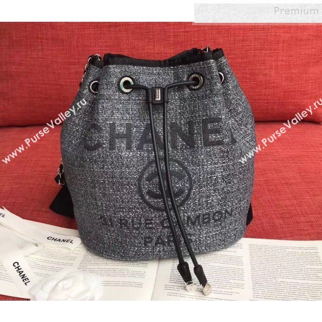 Chanel Fabric Logo Print Small Drawstring Bucket Bag Black 2019 (XING-9092110)