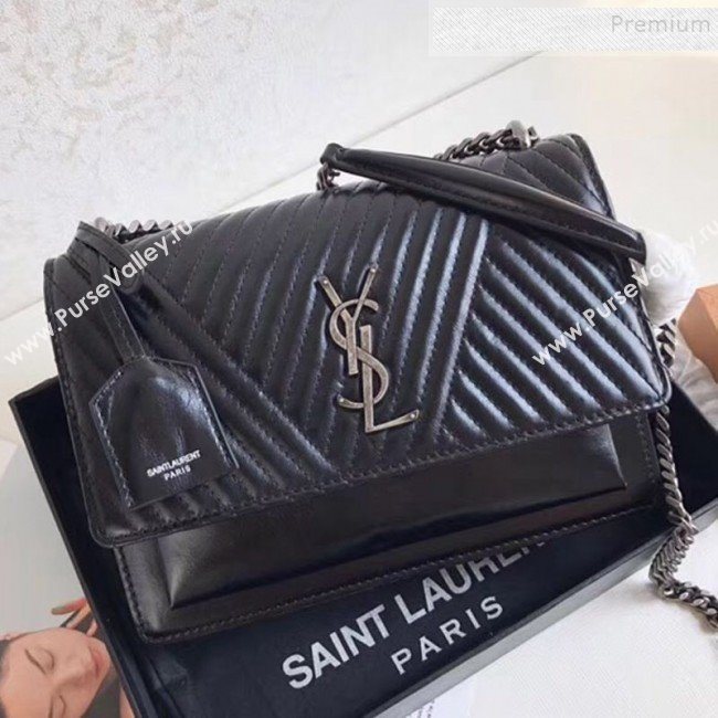Saint Laurent Sunset Medium Shoulder Bag in Monogram Leather 442906 Black 2019 (KTSD-9092619)