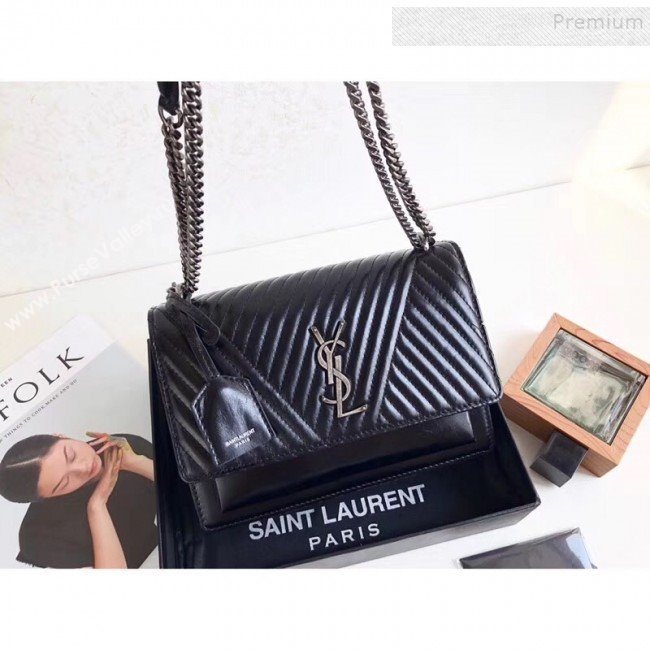 Saint Laurent Sunset Medium Shoulder Bag in Monogram Leather 442906 Black 2019 (KTSD-9092619)