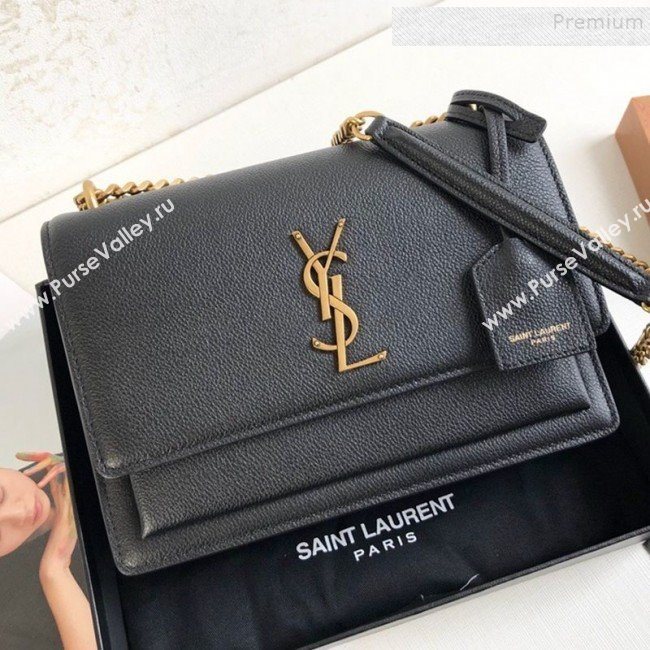 Saint Laurent Sunset Medium Shoulder Bag in Grained Leather Black/Gold 442906 2019 (KTSD-9092621)