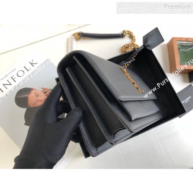 Saint Laurent Sunset Medium Shoulder Bag in Grained Leather Black/Gold 442906 2019 (KTSD-9092621)