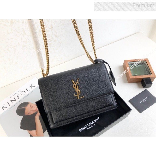 Saint Laurent Sunset Medium Shoulder Bag in Grained Leather Black/Gold 442906 2019 (KTSD-9092621)