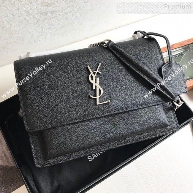 Saint Laurent Sunset Medium Shoulder Bag in Grained Leather Black/Silver 442906 2019 (KTSD-9092622)