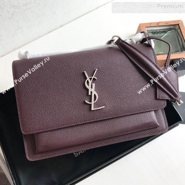 Saint Laurent Sunset Medium Shoulder Bag in Grained Leather Burgundy 442906 2019 (KTSD-9092624)
