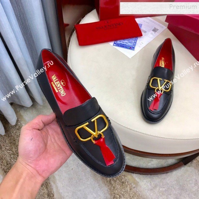 Valentino VLogo Calfskin Flat Loafers Black/Red 2019 (HUANGZ-9092806)