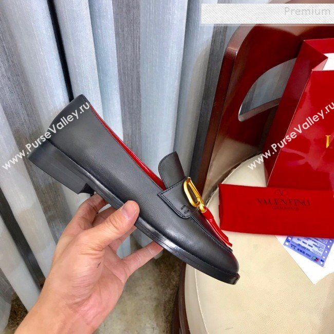 Valentino VLogo Calfskin Flat Loafers Black/Red 2019 (HUANGZ-9092806)