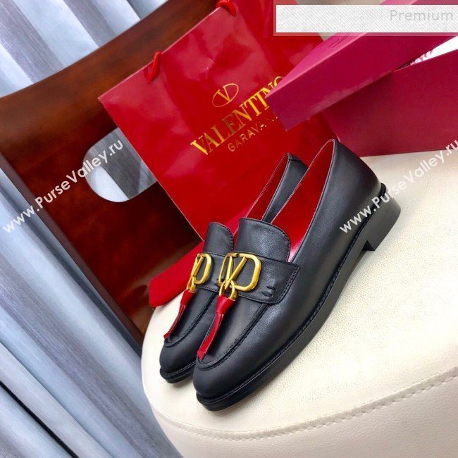 Valentino VLogo Calfskin Flat Loafers Black/Red 2019 (HUANGZ-9092806)
