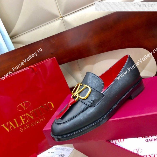 Valentino VLogo Calfskin Flat Loafers Black/Red 2019 (HUANGZ-9092806)