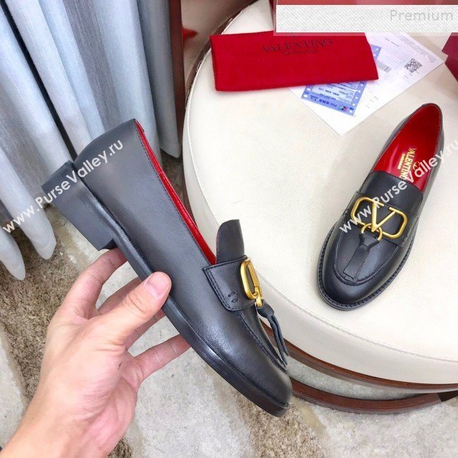 Valentino VLogo Calfskin Flat Loafers Black/Gold 2019 (HUANGZ-9092808)