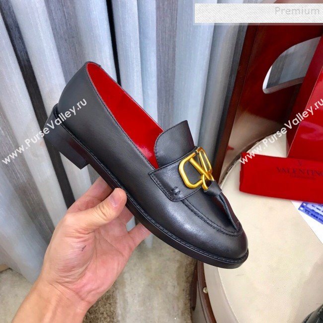 Valentino VLogo Calfskin Flat Loafers Black/Gold 2019 (HUANGZ-9092808)