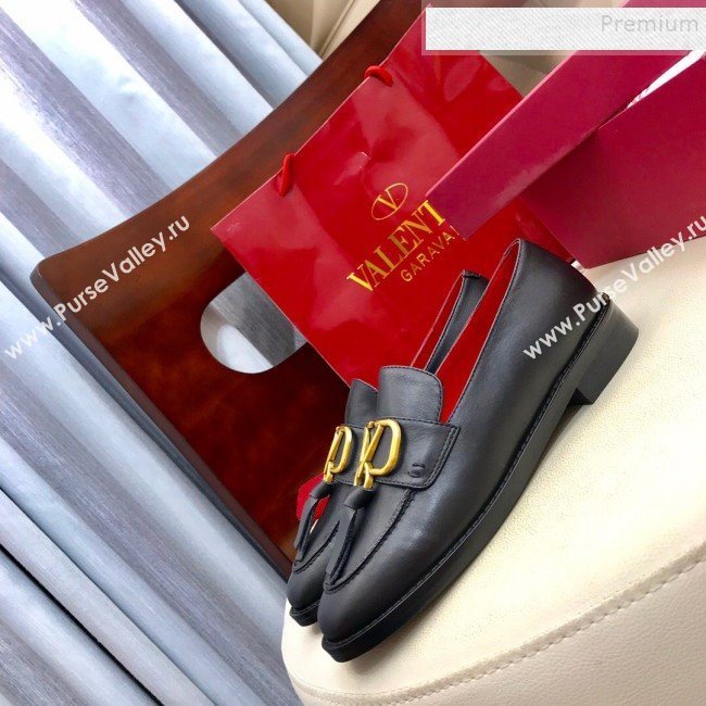 Valentino VLogo Calfskin Flat Loafers Black/Gold 2019 (HUANGZ-9092808)