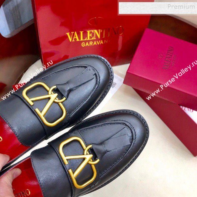 Valentino VLogo Calfskin Flat Loafers Black/Gold 2019 (HUANGZ-9092808)