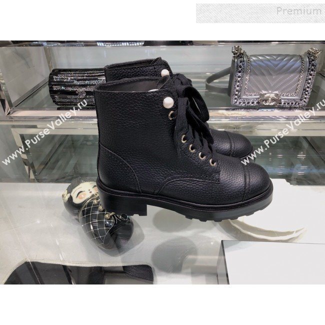 Chanel Grained Calfskin Pearl Short Boots G35154 Black 2019 (XO-9092810)