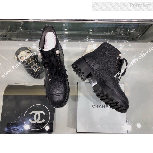 Chanel Grained Calfskin Pearl Short Boots G35154 Black 2019 (XO-9092810)