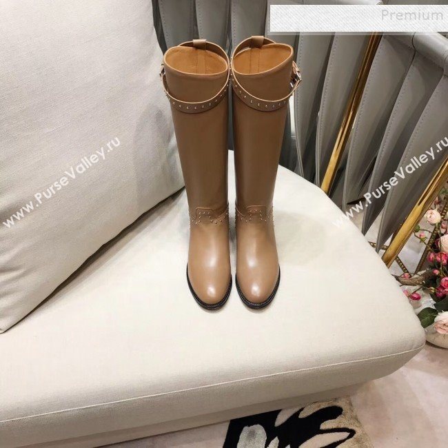 Hermes Classic Kelly Studded Calfskin Flat High Boots Brown  (XZG-9092401)