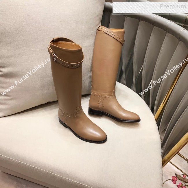 Hermes Classic Kelly Studded Calfskin Flat High Boots Brown  (XZG-9092401)