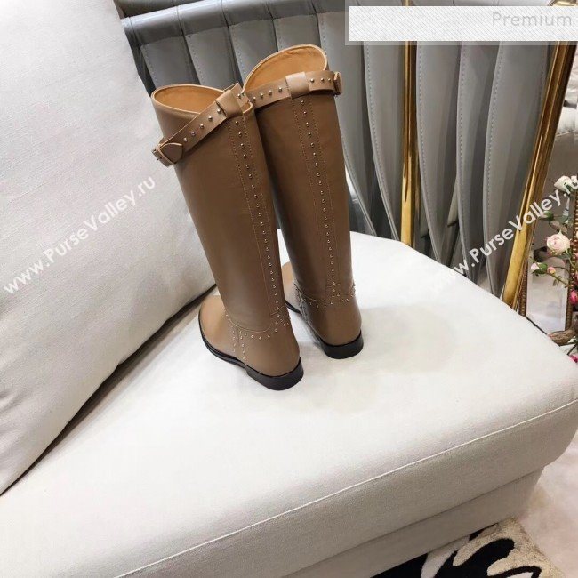 Hermes Classic Kelly Studded Calfskin Flat High Boots Brown  (XZG-9092401)