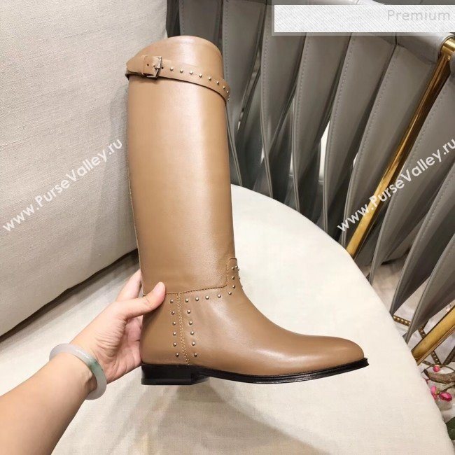 Hermes Classic Kelly Studded Calfskin Flat High Boots Brown  (XZG-9092401)