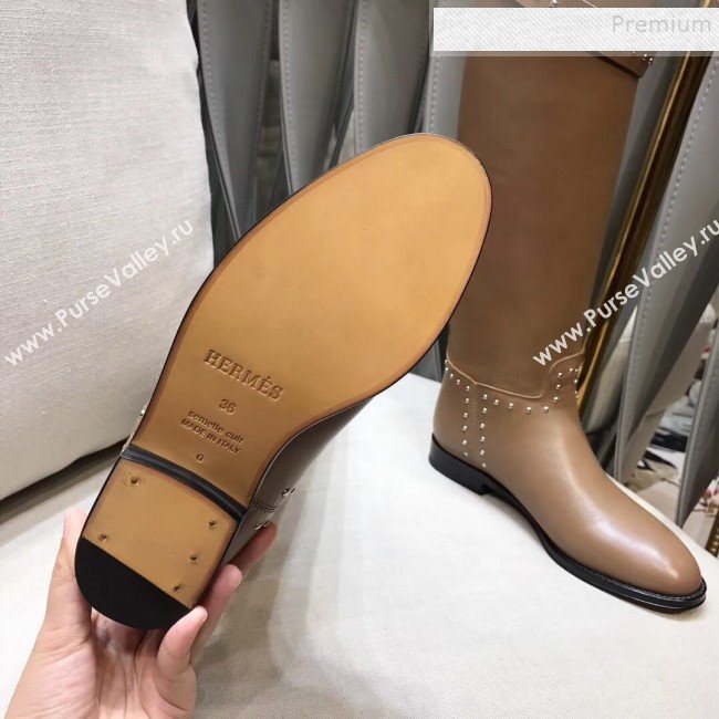 Hermes Classic Kelly Studded Calfskin Flat High Boots Brown  (XZG-9092401)