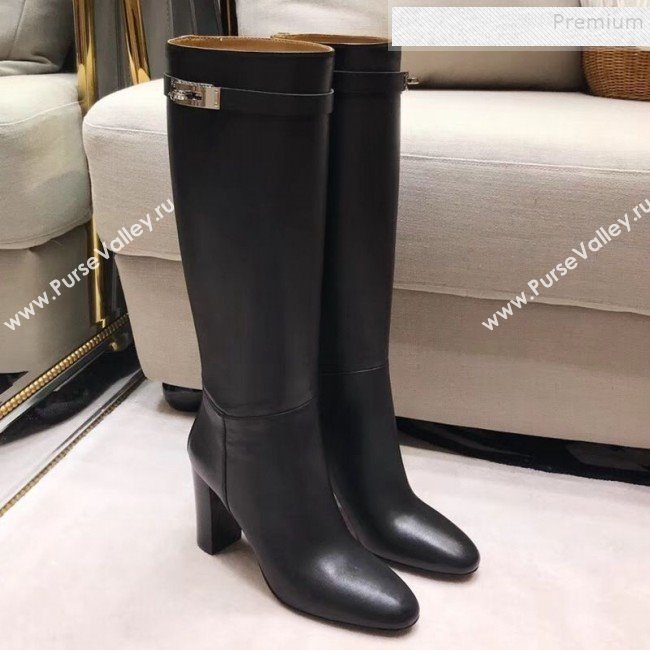 Hermes Classic Kelly Buckle Calfskin Heel High Boots Black (XZG-9092404)