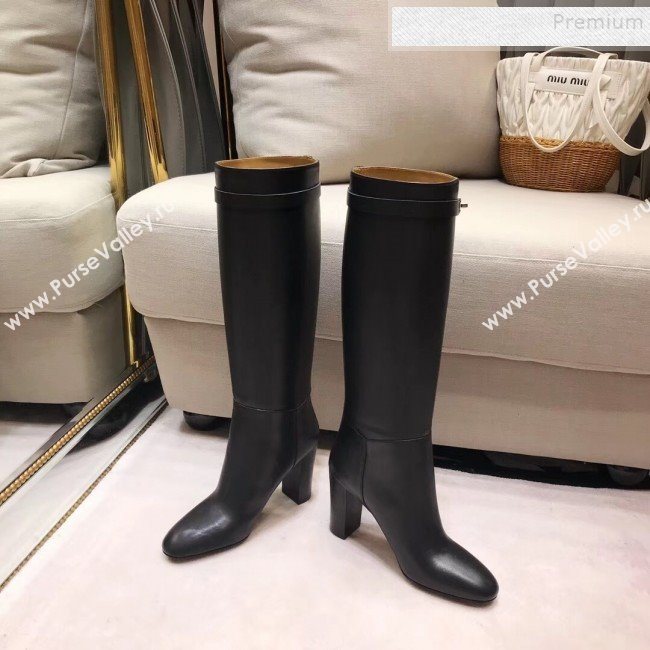 Hermes Classic Kelly Buckle Calfskin Heel High Boots Black (XZG-9092404)