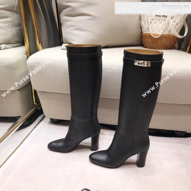 Hermes Classic Kelly Buckle Calfskin Heel High Boots Black (XZG-9092404)