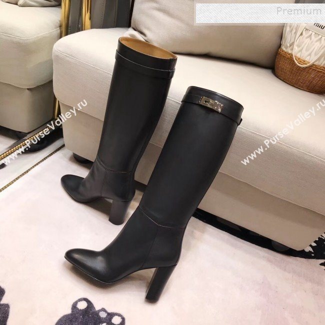 Hermes Classic Kelly Buckle Calfskin Heel High Boots Black (XZG-9092404)