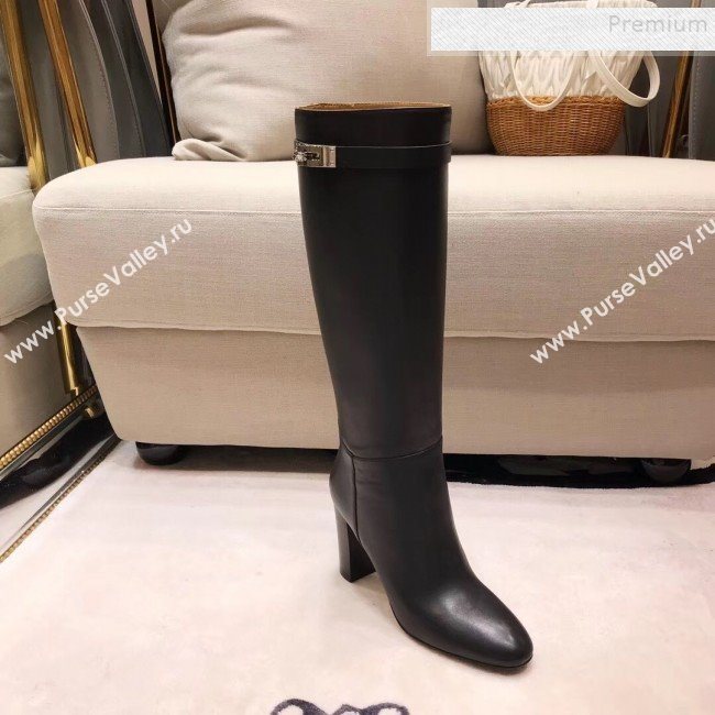 Hermes Classic Kelly Buckle Calfskin Heel High Boots Black (XZG-9092404)