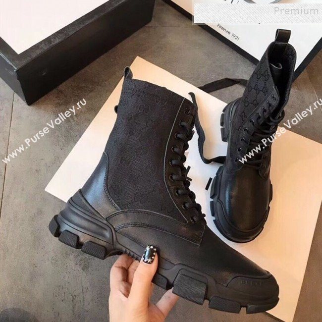 Gucci GG Canvas and Calfskin Lace-up Flat Short Boots Black 2019 (EM-9092316)