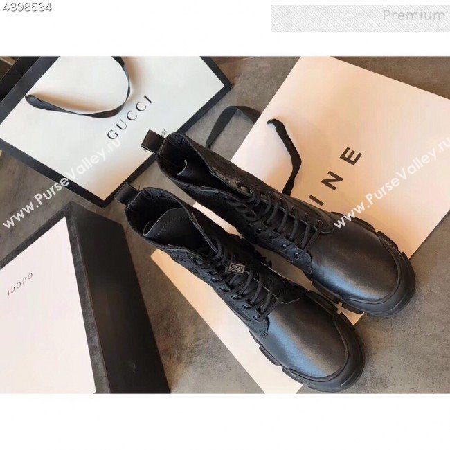 Gucci GG Canvas and Calfskin Lace-up Flat Short Boots Black 2019 (EM-9092316)