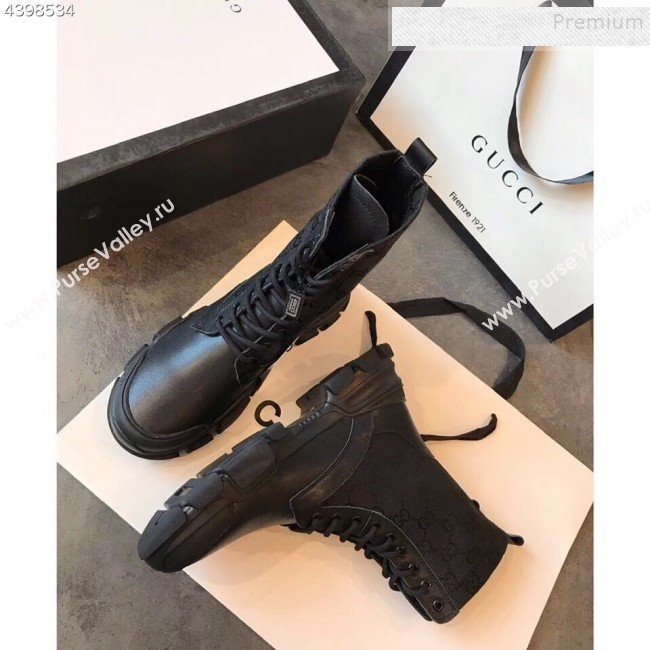 Gucci GG Canvas and Calfskin Lace-up Flat Short Boots Black 2019 (EM-9092316)