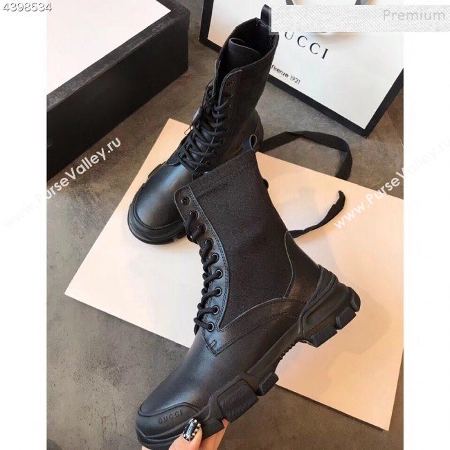 Gucci GG Canvas and Calfskin Lace-up Flat Short Boots Black 2019 (EM-9092316)
