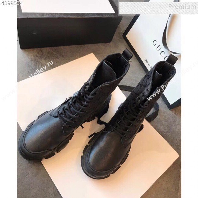 Gucci GG Canvas and Calfskin Lace-up Flat Short Boots Black 2019 (EM-9092316)