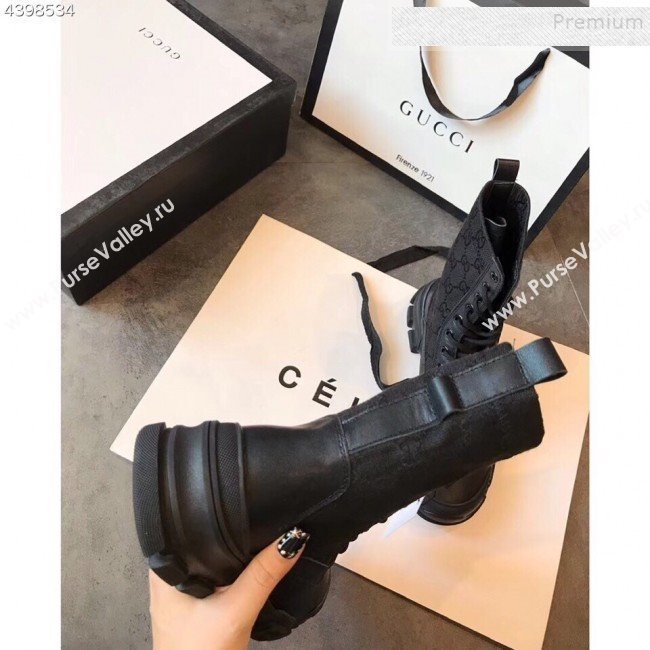 Gucci GG Canvas and Calfskin Lace-up Flat Short Boots Black 2019 (EM-9092316)