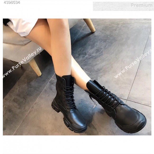 Gucci GG Canvas and Calfskin Lace-up Flat Short Boots Black 2019 (EM-9092316)