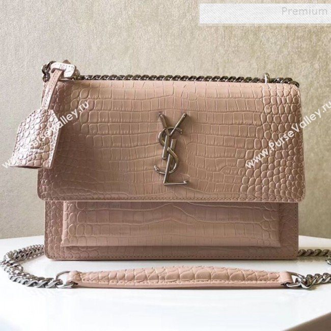 Saint Laurent Sunset Medium Shoulder Bag in Shiny Crocodile-Embossed Leather 442906 Nude 2019 (KTSD-9092629)