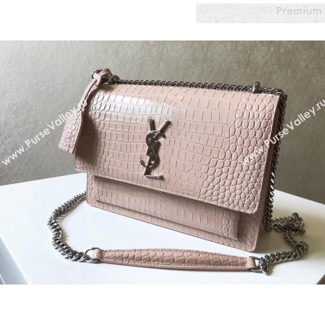 Saint Laurent Sunset Medium Shoulder Bag in Shiny Crocodile-Embossed Leather 442906 Nude 2019 (KTSD-9092629)