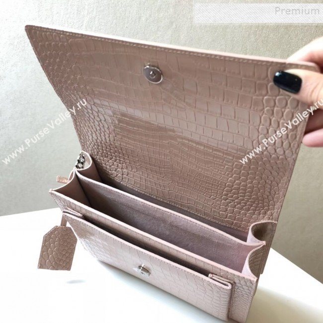 Saint Laurent Sunset Medium Shoulder Bag in Shiny Crocodile-Embossed Leather 442906 Nude 2019 (KTSD-9092629)