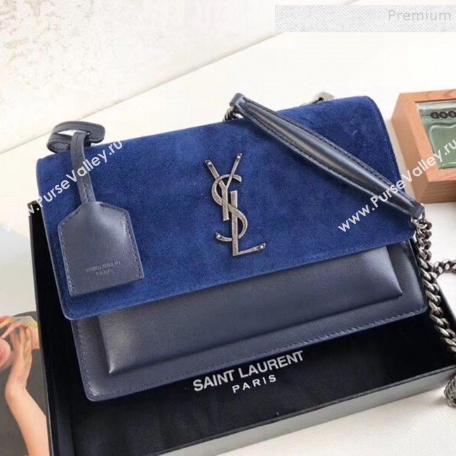 Saint Laurent Sunset Medium Shoulder Bag in Suede & Smooth Leather Blue 442906 2019 (KTS-9092591)