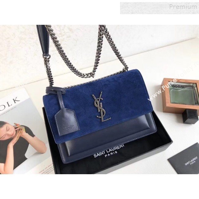 Saint Laurent Sunset Medium Shoulder Bag in Suede & Smooth Leather Blue 442906 2019 (KTS-9092591)