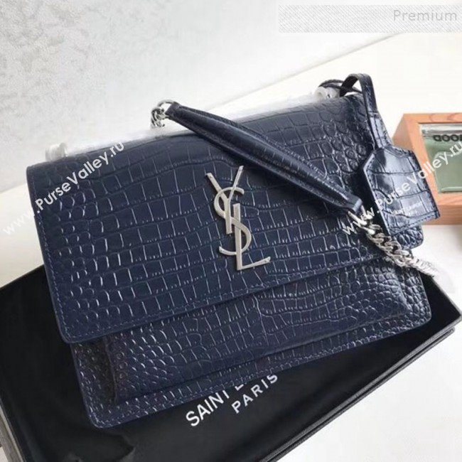 Saint Laurent Sunset Medium Shoulder Bag in Shiny Crocodile-Embossed Leather 442906 Blue 2019 (KTSD-9092628)