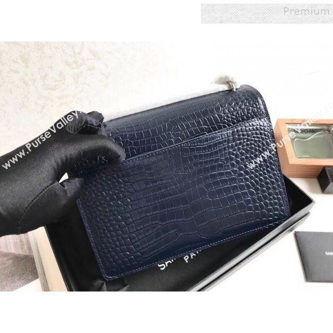 Saint Laurent Sunset Medium Shoulder Bag in Shiny Crocodile-Embossed Leather 442906 Blue 2019 (KTSD-9092628)
