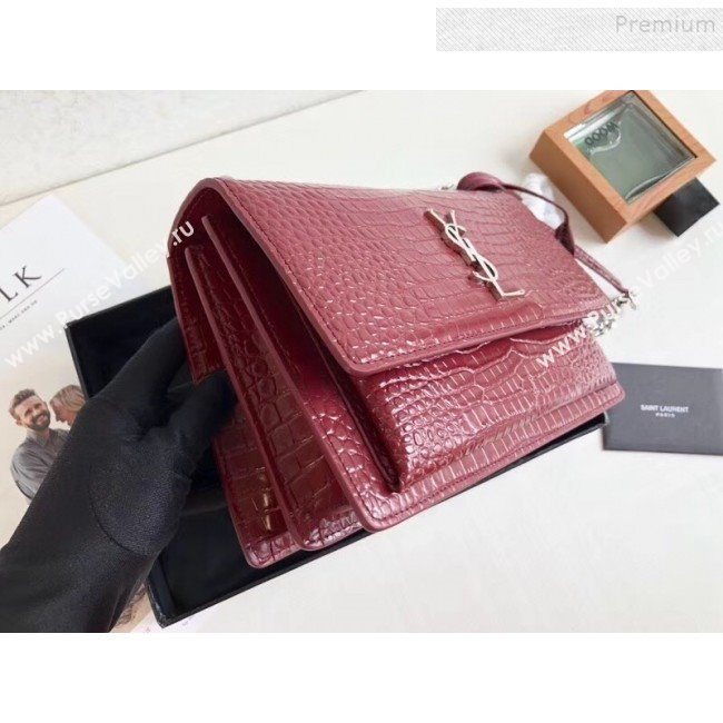 Saint Laurent Sunset Medium Shoulder Bag in Shiny Crocodile-Embossed Leather 442906 Burgundy 2019 (KTSD-9092630)