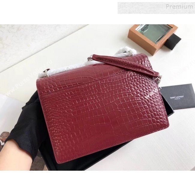 Saint Laurent Sunset Medium Shoulder Bag in Shiny Crocodile-Embossed Leather 442906 Burgundy 2019 (KTSD-9092630)