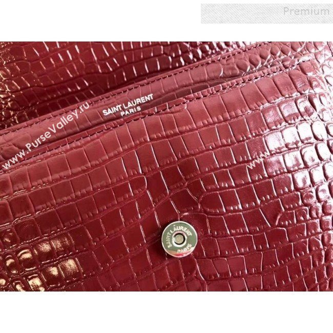 Saint Laurent Sunset Medium Shoulder Bag in Shiny Crocodile-Embossed Leather 442906 Burgundy 2019 (KTSD-9092630)