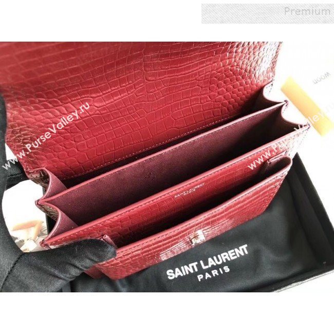 Saint Laurent Sunset Medium Shoulder Bag in Shiny Crocodile-Embossed Leather 442906 Burgundy 2019 (KTSD-9092630)